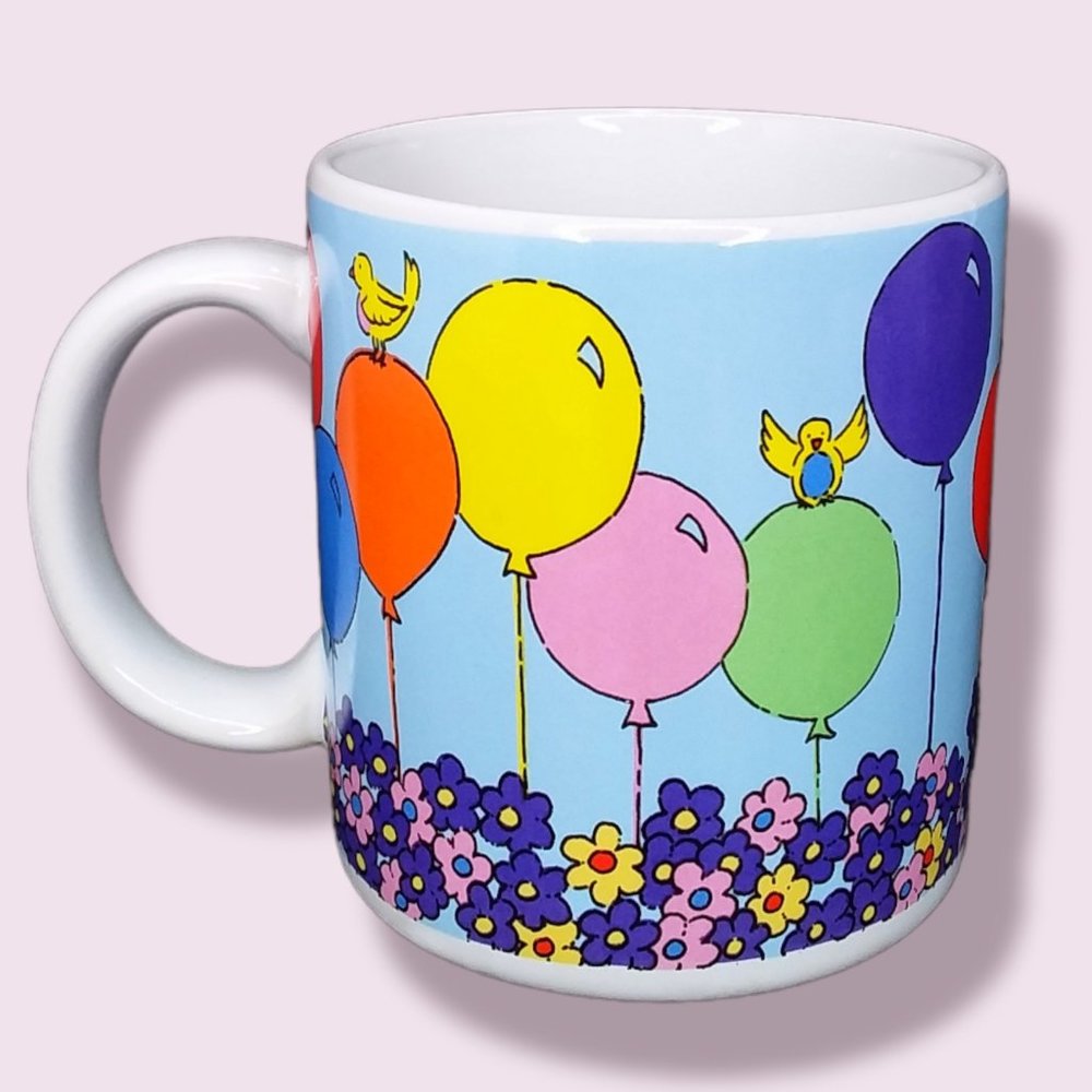 Vtg Russ Berrie & Co Happy Birthday Ceramic Mug Balloons Flowers Birds 14oz Cup